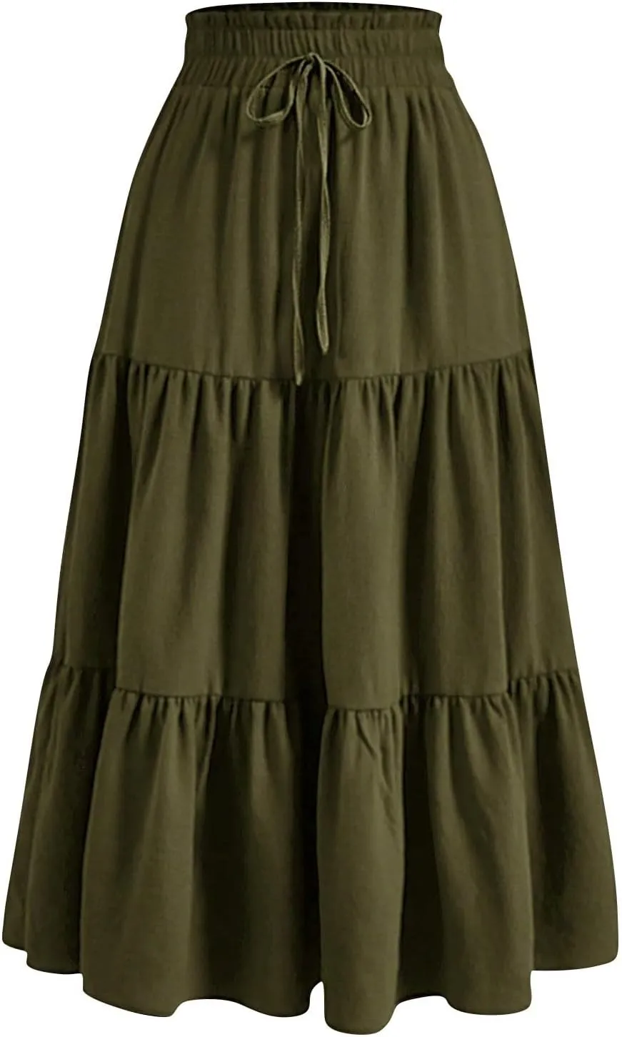 Women's High Elastic Waist Bohemian Midi Skirt - Pleated Ruffle A-Line Skirt for Casual Wear