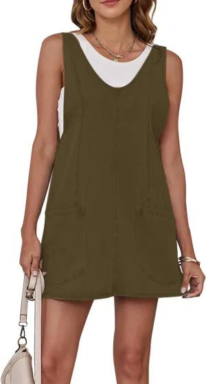 Womens High Roller Overalls Denim Dress Loose Casual Sleeveless Mini Pinafore Jean Romper Skirtall with Pockets