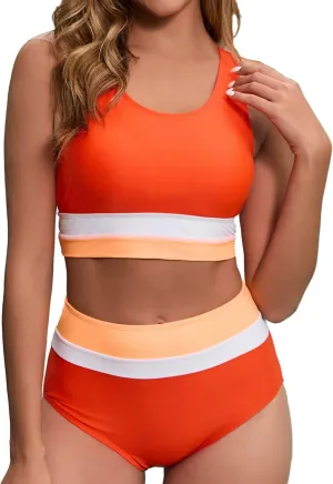 Women's High Waisted Bikini Sets Two Piece Swimsuit Color Block Sporty Athletic Moderate Coverage Bathing Suits