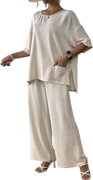 Women's Linen 2 Piece Outfits Short Sleeve Top Wide Leg Trouser Pants Suits Summer Casual Dressy Linen Sets