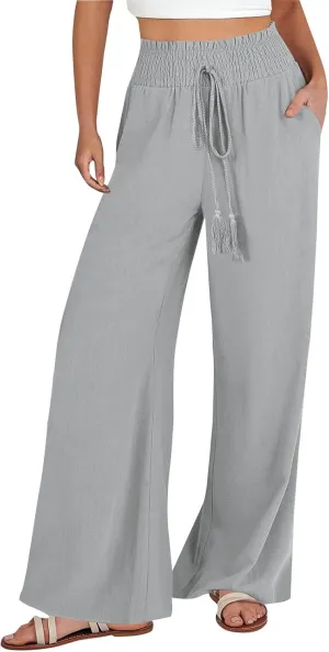 Women's Linen Palazzo Lounge Pants Summer Casual Loose High Waist Wide Leg Pant Drawstring Straight Leg Trousers