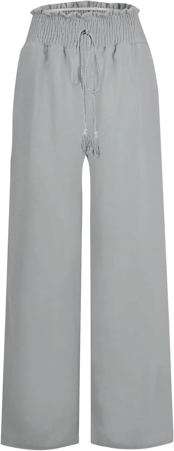 Women's Linen Palazzo Lounge Pants Summer Casual Loose High Waist Wide Leg Pant Drawstring Straight Leg Trousers