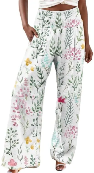 Women's Linen Palazzo Pants Boho Floral Wide Leg Lounge Pant Casual Flowy High Waist Trousers Yoga Pants with Pockets