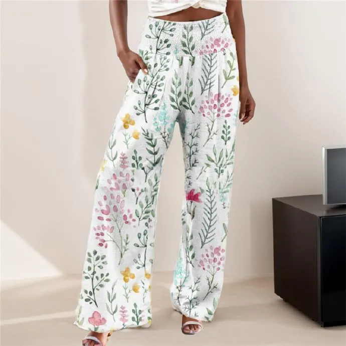 Women's Linen Palazzo Pants Boho Floral Wide Leg Lounge Pant Casual Flowy High Waist Trousers Yoga Pants with Pockets