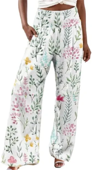Women's Linen Palazzo Pants Boho Floral Wide Leg Lounge Pant Casual Flowy High Waist Trousers Yoga Pants with Pockets
