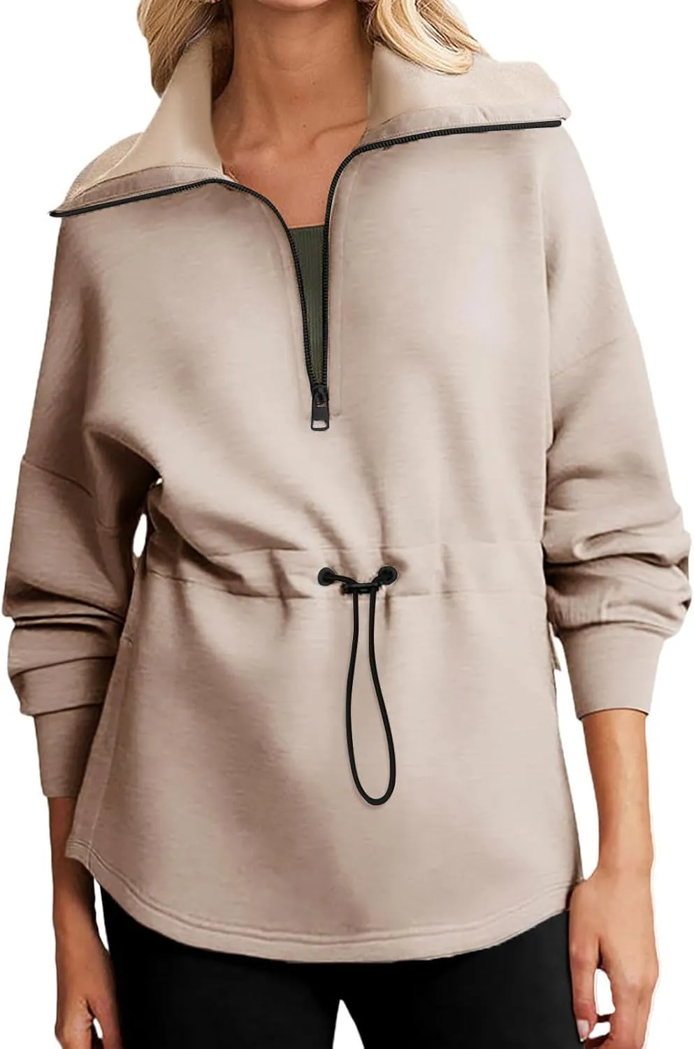 Womens Long Sleeve Tops Half Zip Drawstring Waist Oversized Sweatshirts Fleece Pullover Fashion Outfits 2024