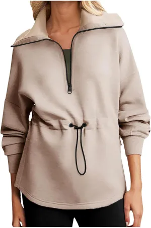 Womens Long Sleeve Tops Half Zip Drawstring Waist Oversized Sweatshirts Fleece Pullover Fashion Outfits 2024