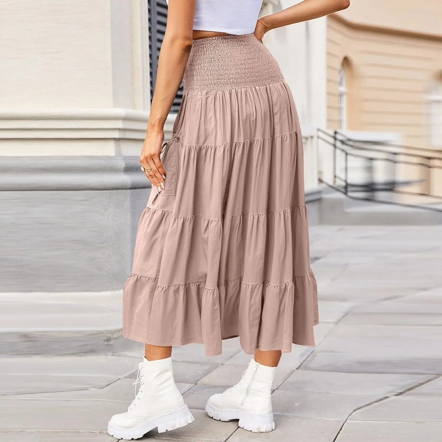 Women's Maxi Boho Skirt Long Hippie Bohemian Elastic Waist Gypsy Skirt Summer Flowy Pleated Tiered A Line Skirts