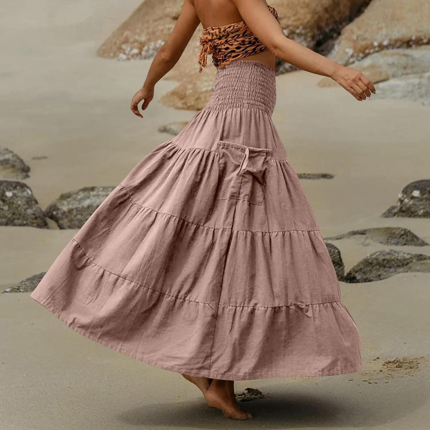 Women's Maxi Boho Skirt Long Hippie Bohemian Elastic Waist Gypsy Skirt Summer Flowy Pleated Tiered A Line Skirts