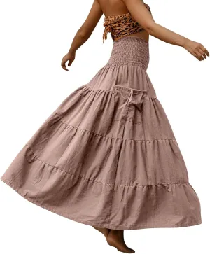 Women's Maxi Boho Skirt Long Hippie Bohemian Elastic Waist Gypsy Skirt Summer Flowy Pleated Tiered A Line Skirts