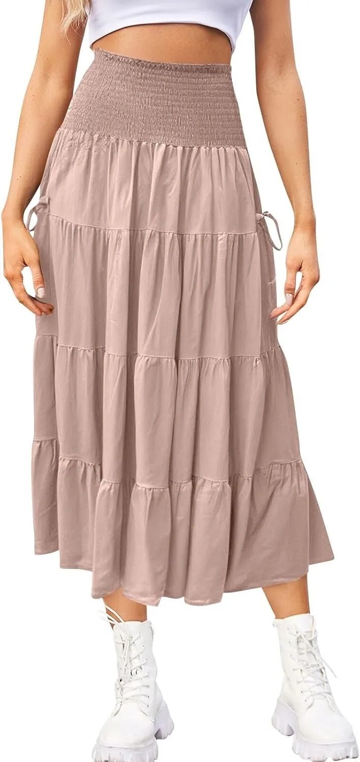 Women's Maxi Boho Skirt Long Hippie Bohemian Elastic Waist Gypsy Skirt Summer Flowy Pleated Tiered A Line Skirts