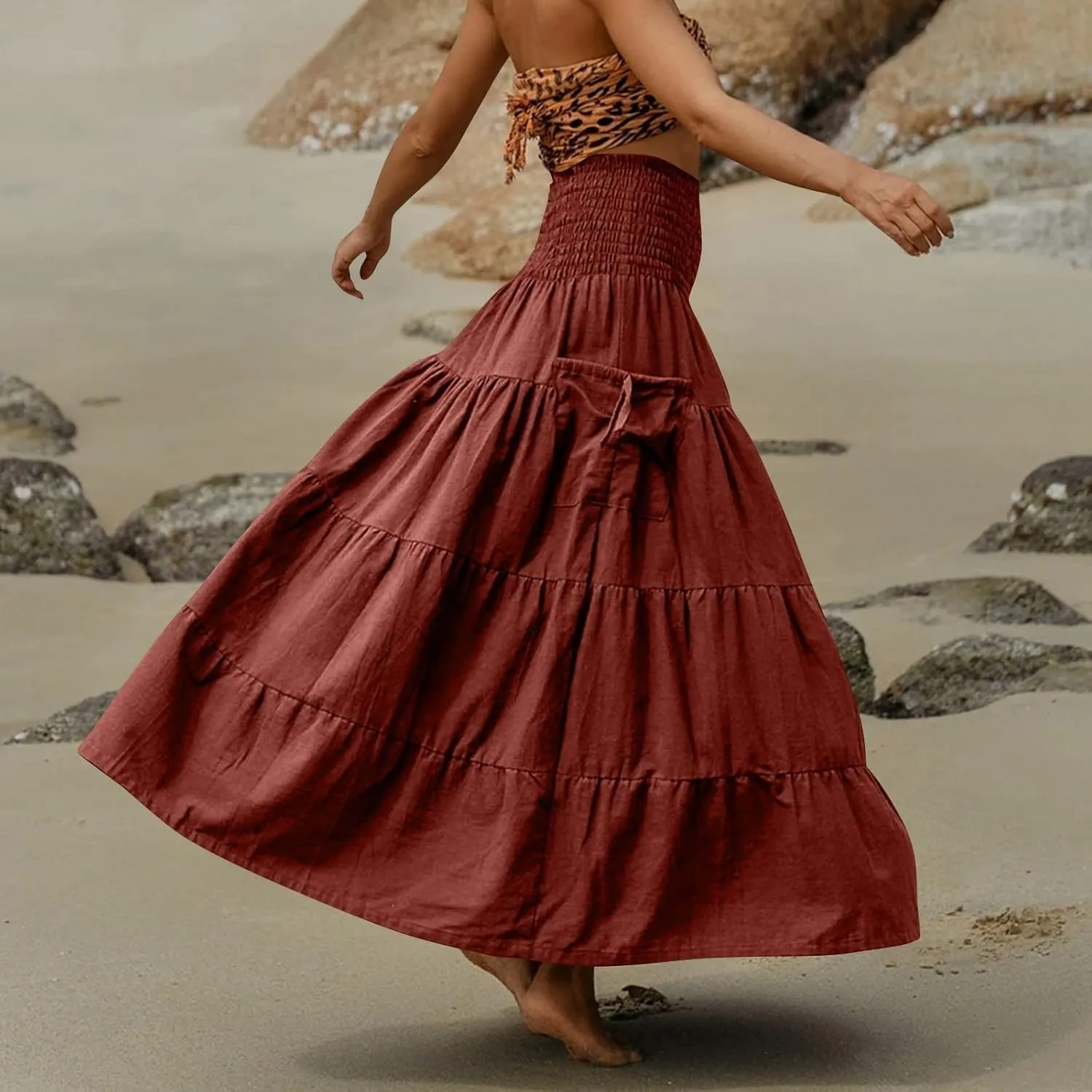 Women's Maxi Boho Skirt Long Pockets Hippie Bohemian Elastic Waist Gypsy Skirt Summer Flowy Pleated Tiered A Line Skirts