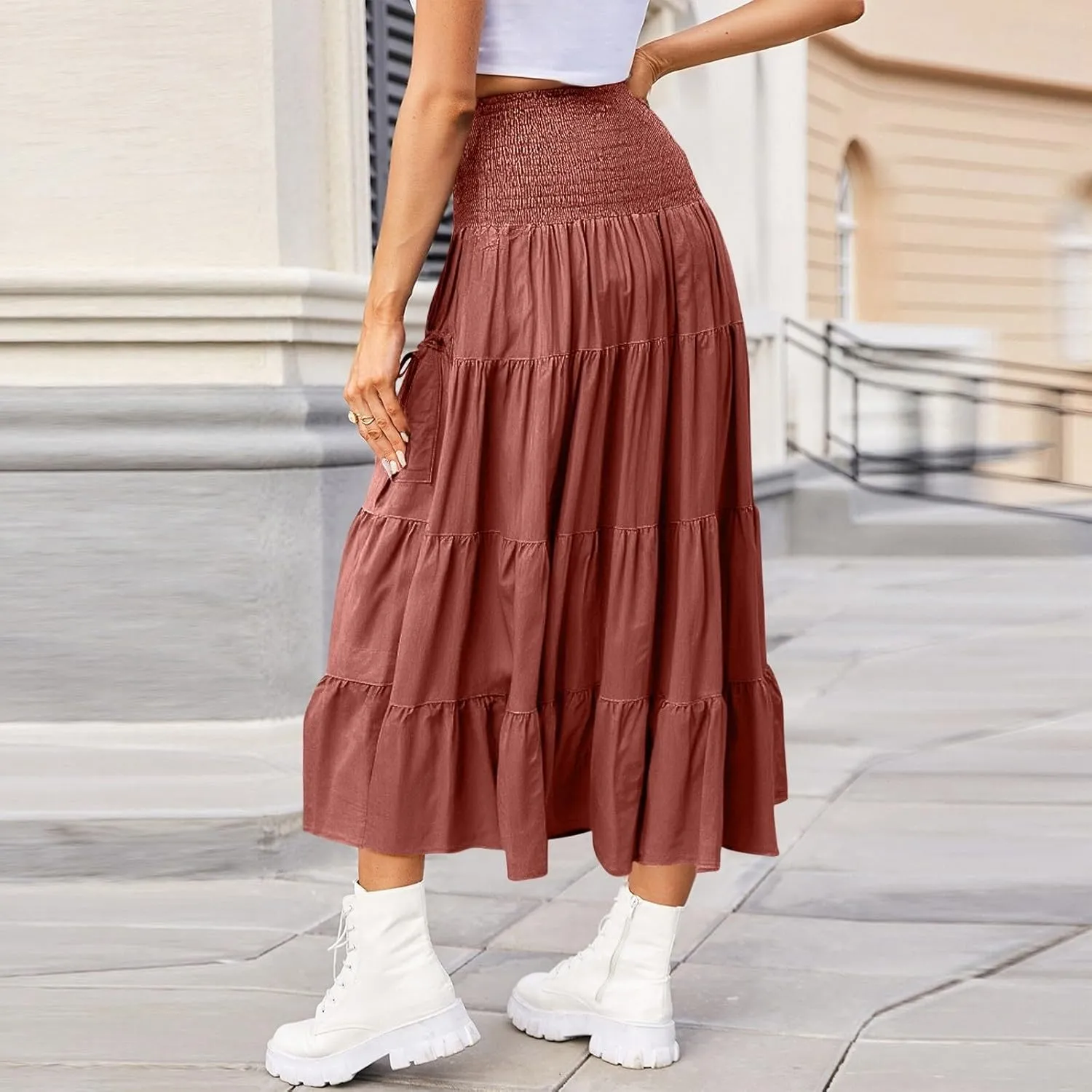 Women's Maxi Boho Skirt Long Pockets Hippie Bohemian Elastic Waist Gypsy Skirt Summer Flowy Pleated Tiered A Line Skirts