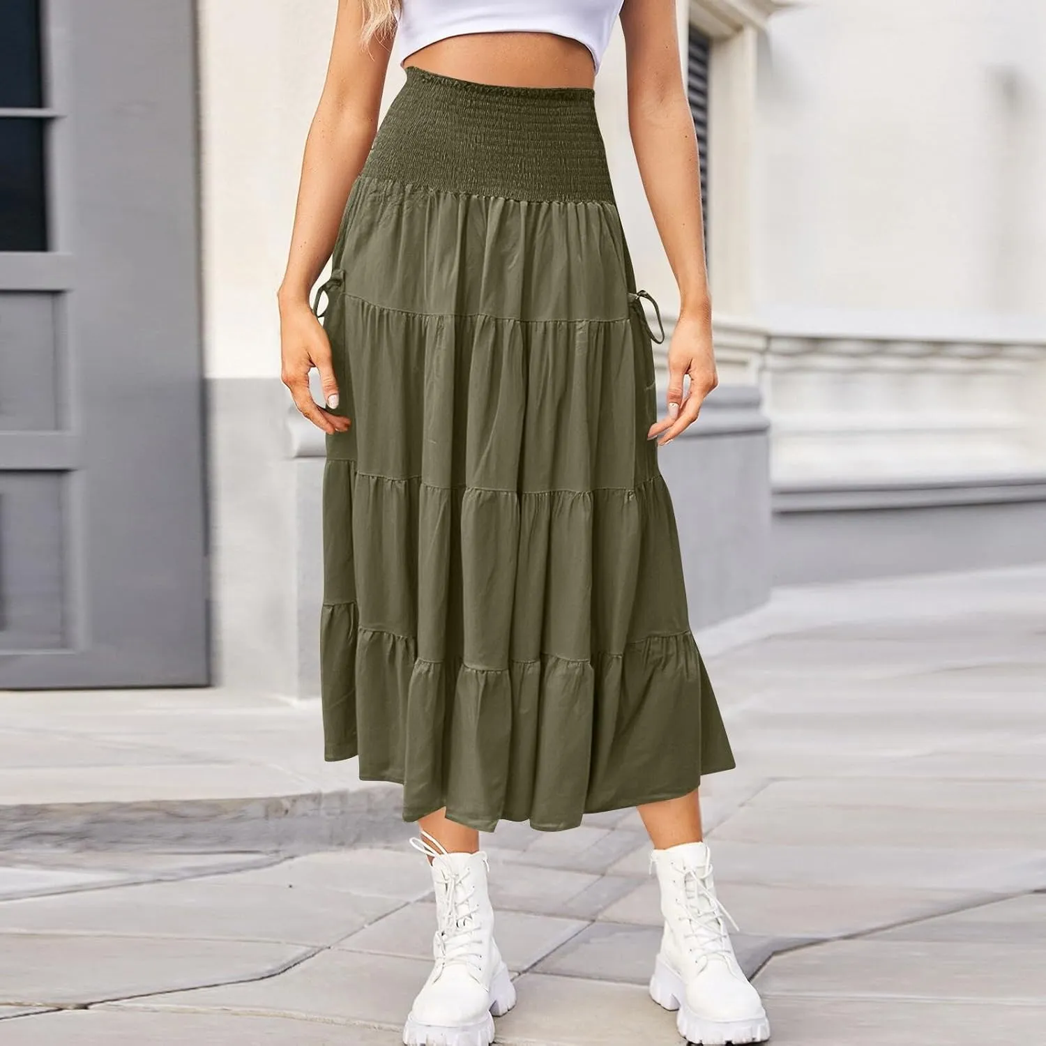 Women's Maxi Boho Skirt Long Pockets Hippie Bohemian Elastic Waist Gypsy Skirt Summer Flowy Pleated Tiered A Line Skirts