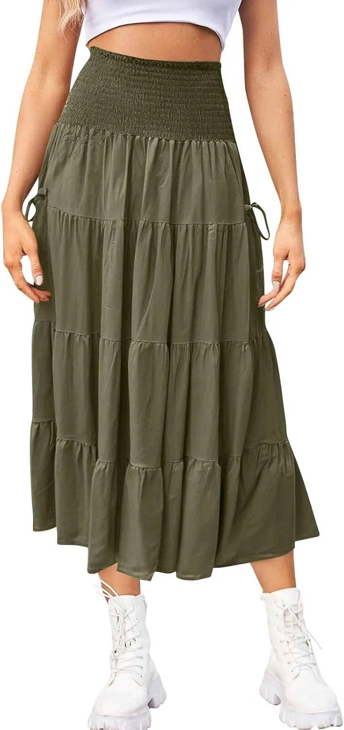 Women's Maxi Boho Skirt Long Pockets Hippie Bohemian Elastic Waist Gypsy Skirt Summer Flowy Pleated Tiered A Line Skirts