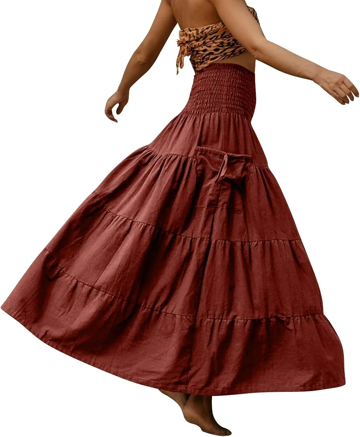 Women's Maxi Boho Skirt Long Pockets Hippie Bohemian Elastic Waist Gypsy Skirt Summer Flowy Pleated Tiered A Line Skirts
