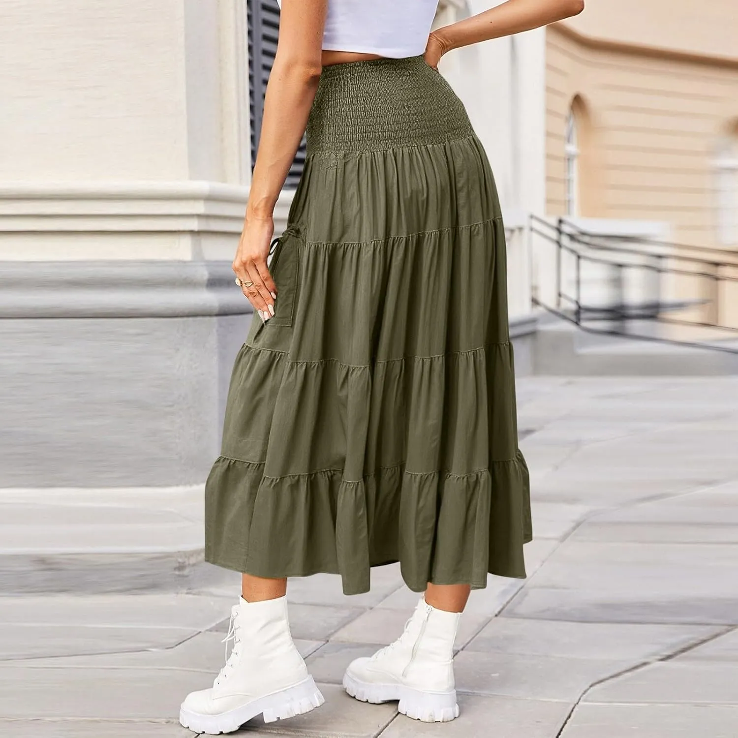 Women's Maxi Boho Skirt Long Pockets Hippie Bohemian Elastic Waist Gypsy Skirt Summer Flowy Pleated Tiered A Line Skirts