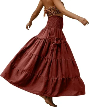 Women's Maxi Boho Skirt Long Pockets Hippie Bohemian Elastic Waist Gypsy Skirt Summer Flowy Pleated Tiered A Line Skirts