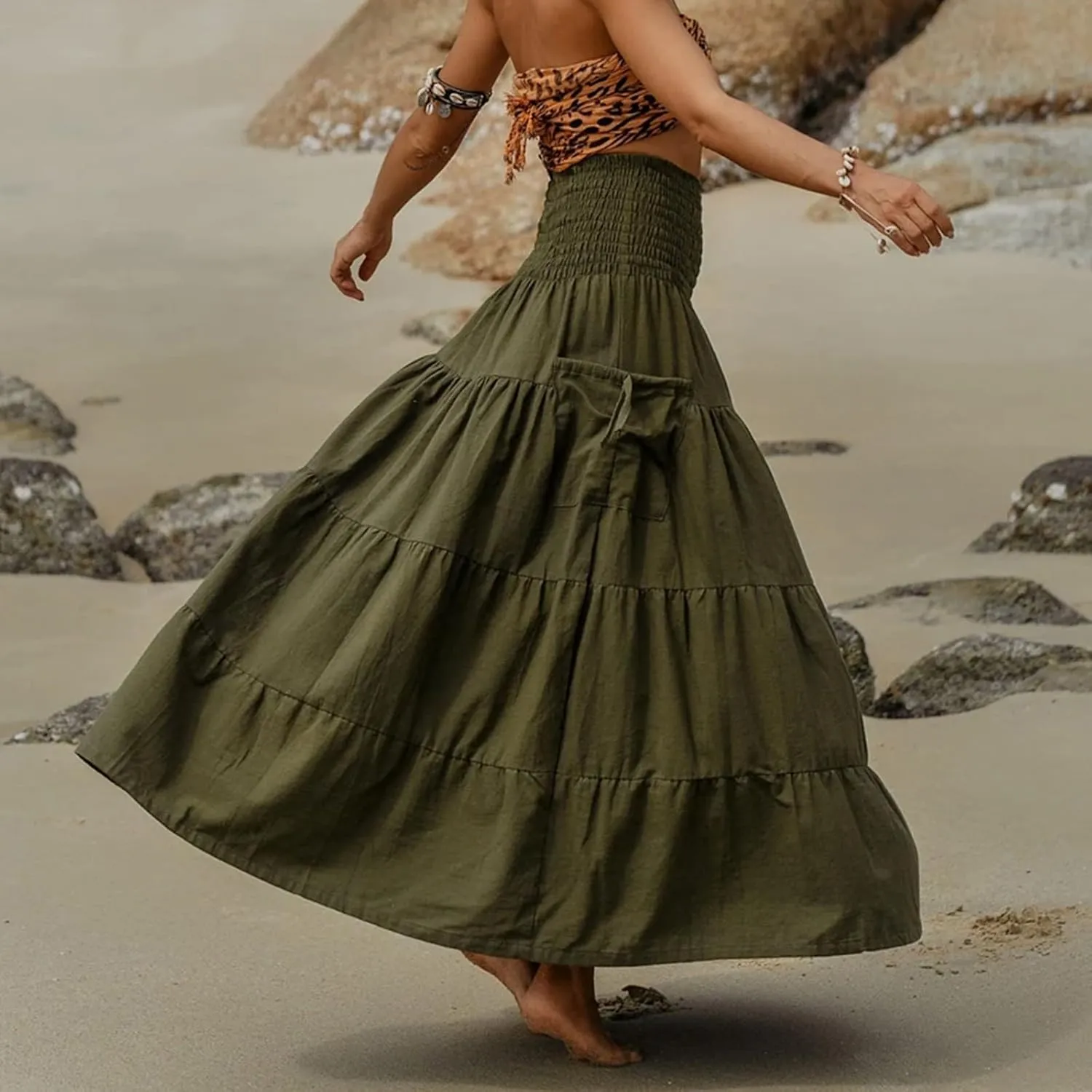 Women's Maxi Boho Skirt Long Pockets Hippie Bohemian Elastic Waist Gypsy Skirt Summer Flowy Pleated Tiered A Line Skirts