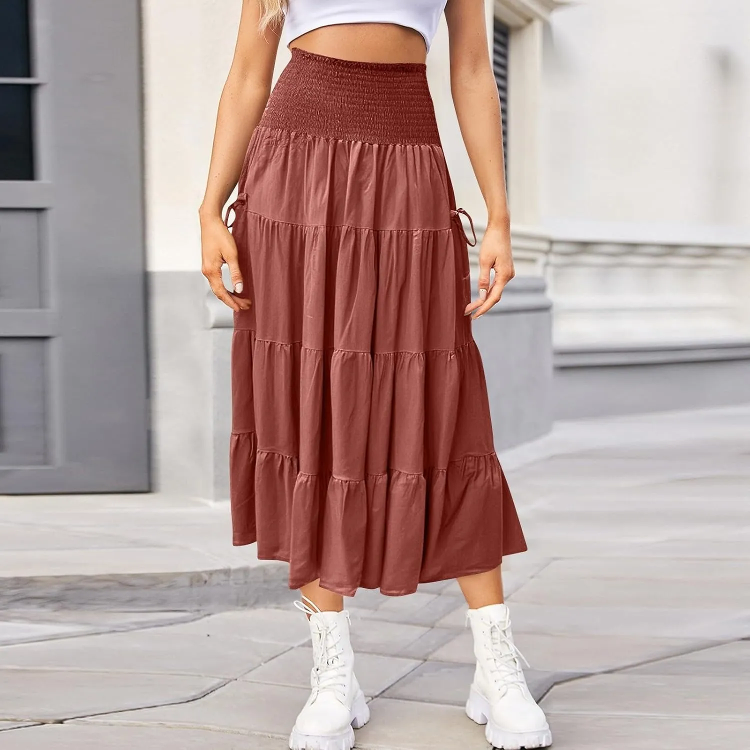 Women's Maxi Boho Skirt Long Pockets Hippie Bohemian Elastic Waist Gypsy Skirt Summer Flowy Pleated Tiered A Line Skirts