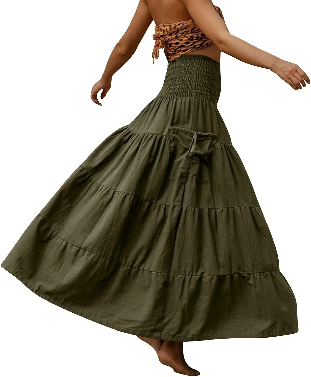 Women's Maxi Boho Skirt Long Pockets Hippie Bohemian Elastic Waist Gypsy Skirt Summer Flowy Pleated Tiered A Line Skirts