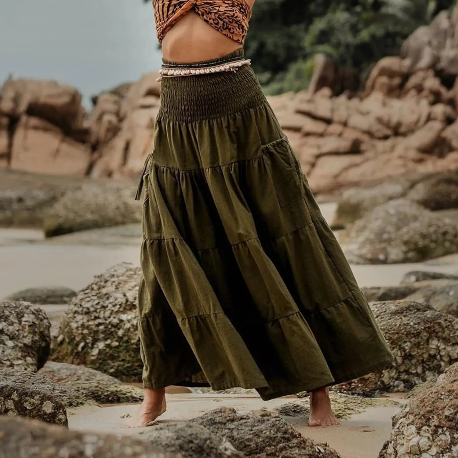 Women's Maxi Boho Skirt Long Pockets Hippie Bohemian Elastic Waist Gypsy Skirt Summer Flowy Pleated Tiered A Line Skirts