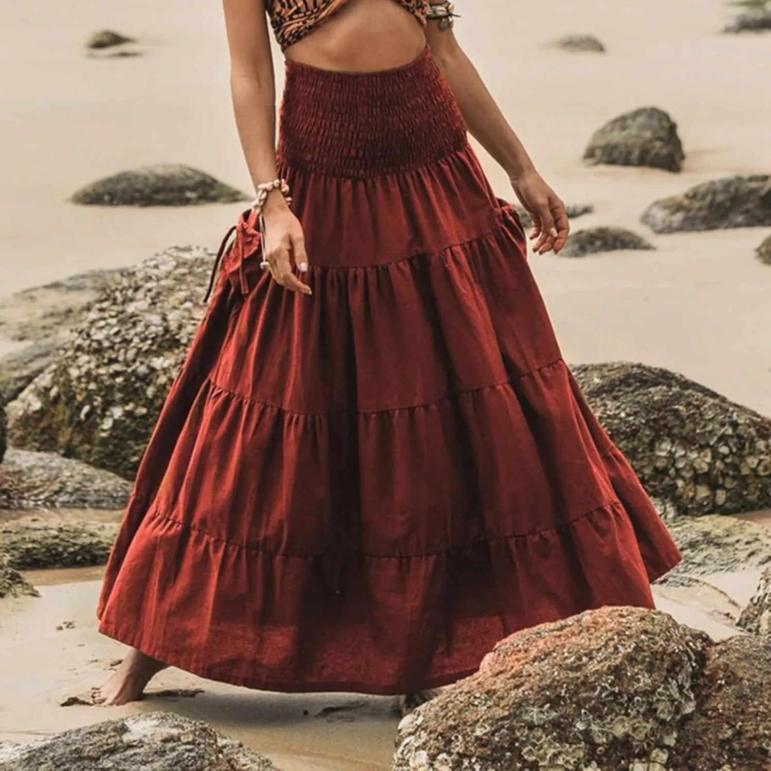 Women's Maxi Boho Skirt Long Pockets Hippie Bohemian Elastic Waist Gypsy Skirt Summer Flowy Pleated Tiered A Line Skirts