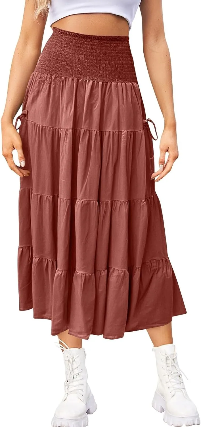 Women's Maxi Boho Skirt Long Pockets Hippie Bohemian Elastic Waist Gypsy Skirt Summer Flowy Pleated Tiered A Line Skirts