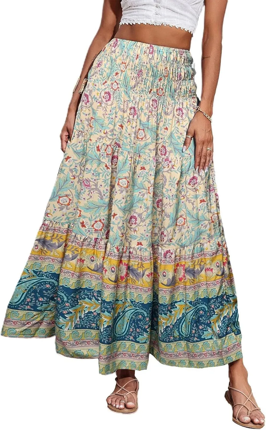 Women's Midi Skirt Summer 2025 Beach Boho Casual Maxi High Waist Vacation Skirts Floral Print Flowy Long Pleated Skirt