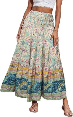 Women's Midi Skirt Summer 2025 Beach Boho Casual Maxi High Waist Vacation Skirts Floral Print Flowy Long Pleated Skirt
