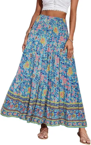 Women's Midi Skirt Summer 2025 Beach Boho Casual Maxi High Waist Vacation Skirts Floral Print Flowy Long Pleated Skirt