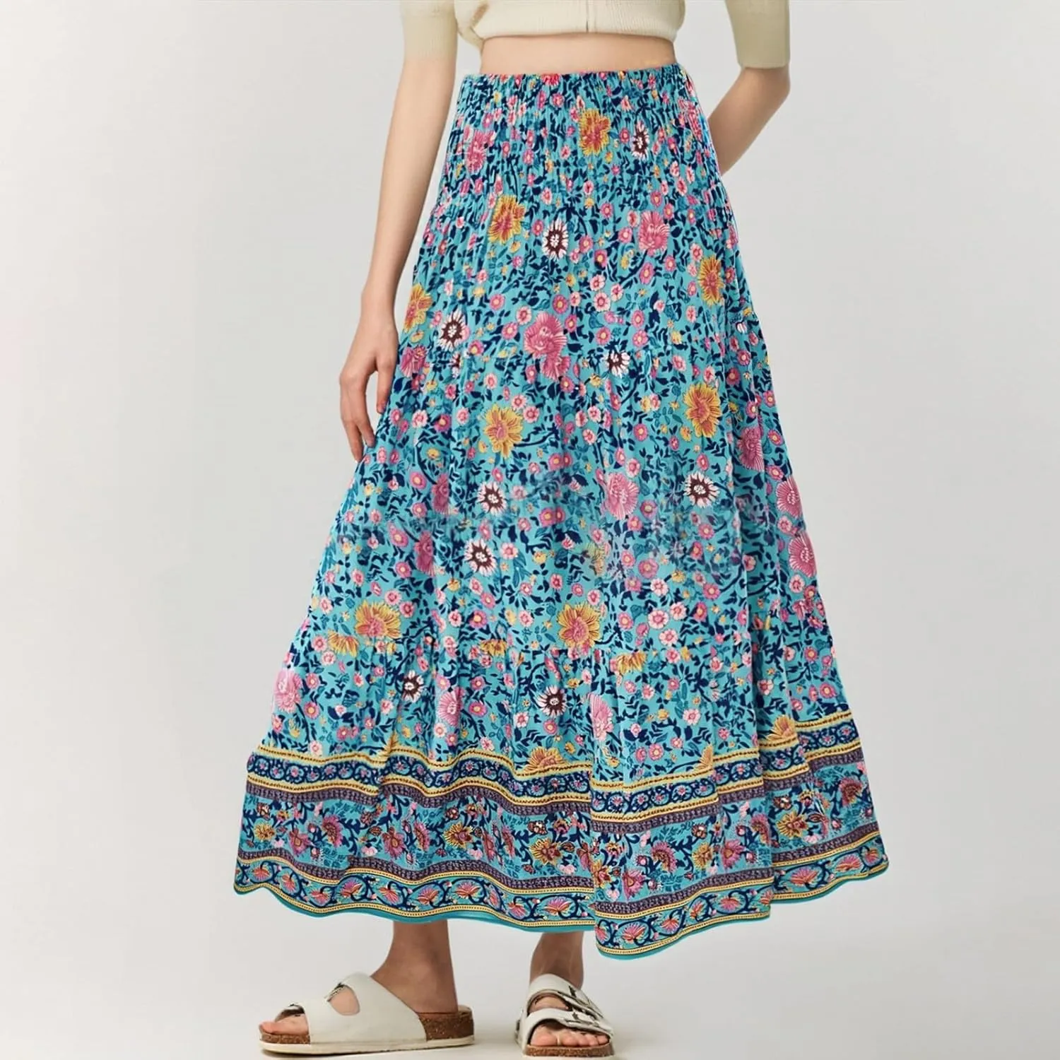 Women's Midi Skirt Summer 2025 Beach Boho Casual Maxi High Waist Vacation Skirts Floral Print Flowy Long Pleated Skirt
