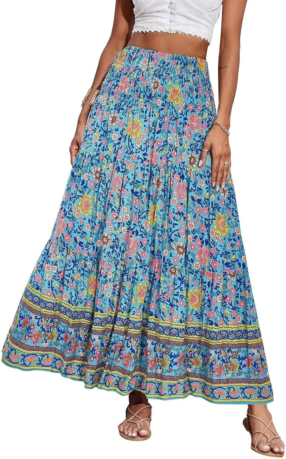 Women's Midi Skirt Summer 2025 Beach Boho Casual Maxi High Waist Vacation Skirts Floral Print Flowy Long Pleated Skirt