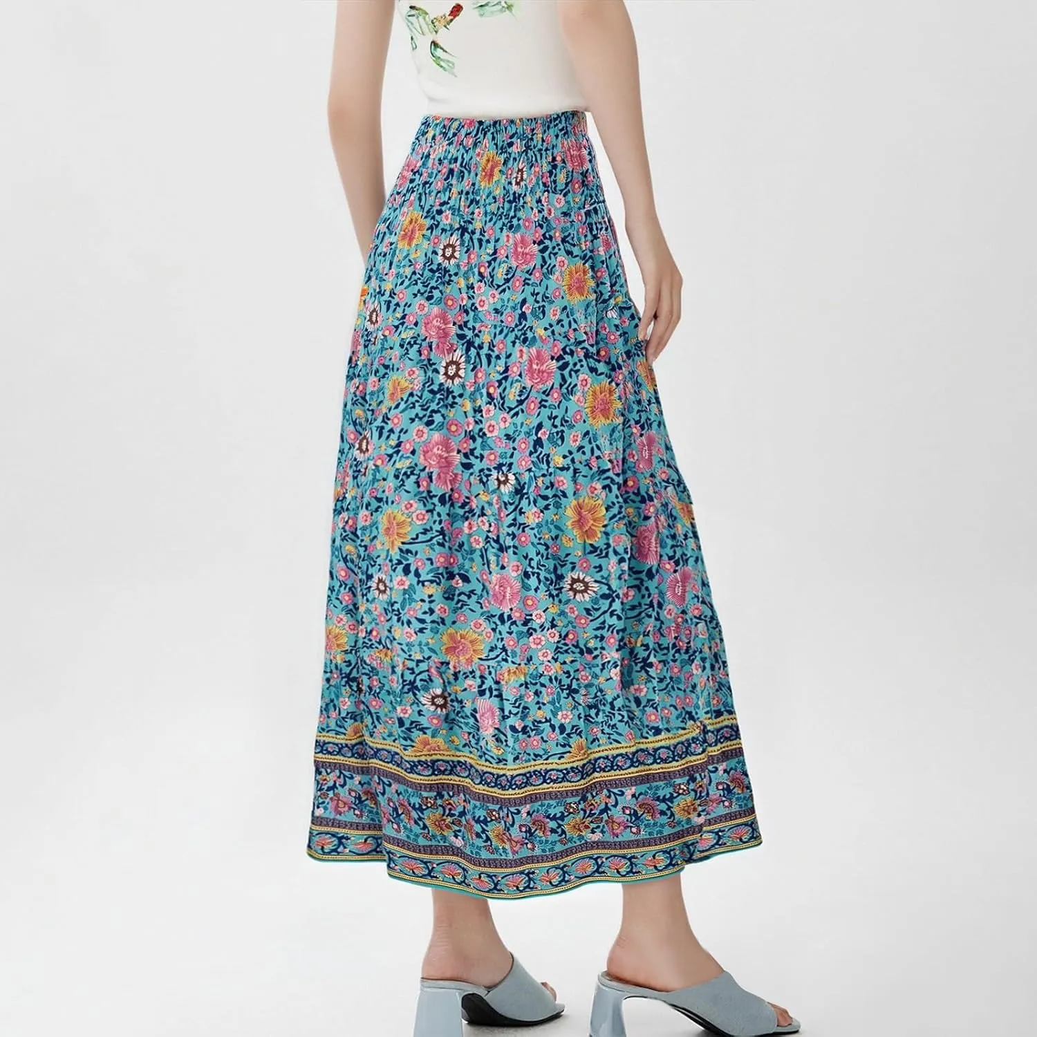 Women's Midi Skirt Summer 2025 Beach Boho Casual Maxi High Waist Vacation Skirts Floral Print Flowy Long Pleated Skirt