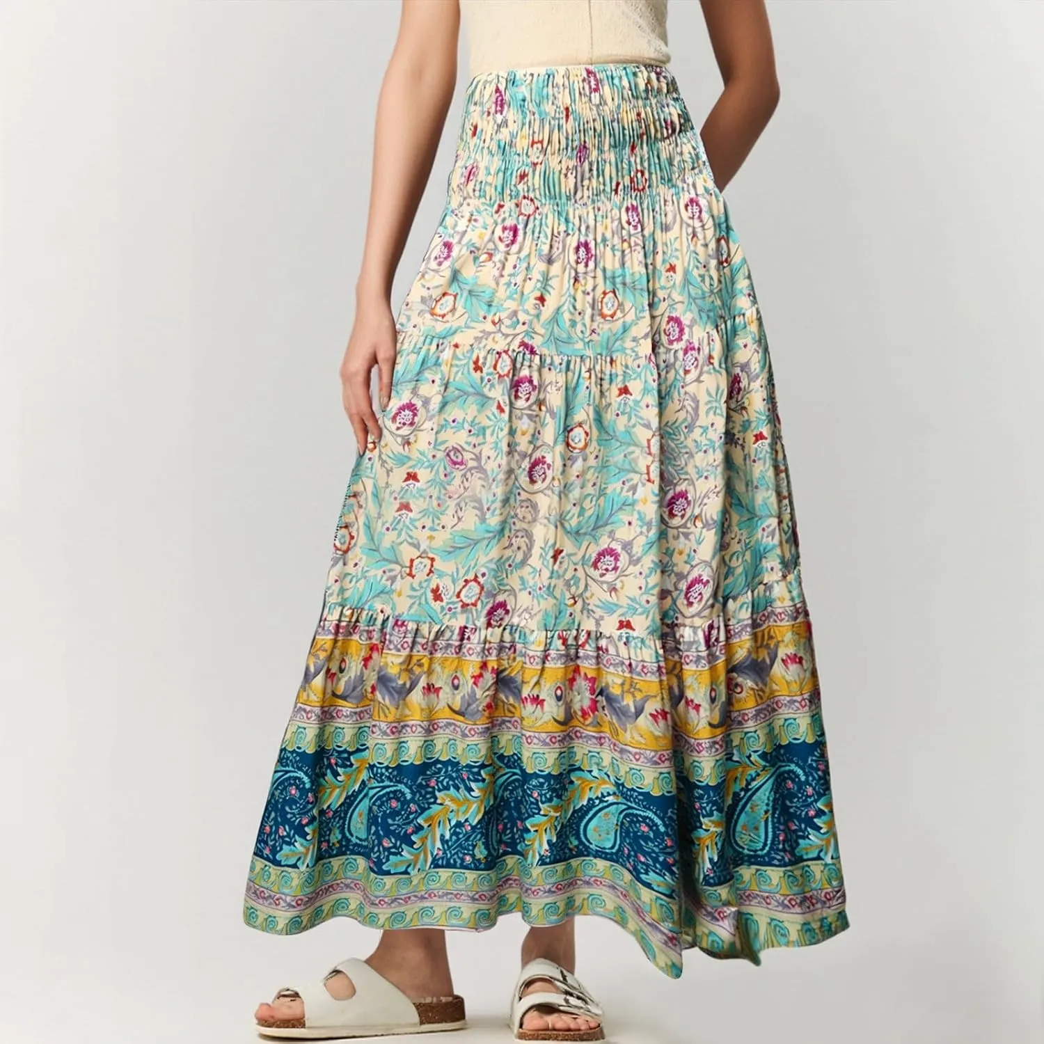 Women's Midi Skirt Summer 2025 Beach Boho Casual Maxi High Waist Vacation Skirts Floral Print Flowy Long Pleated Skirt