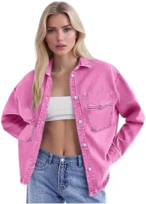 Women's Oversized Denim Jacket Casual Long Sleeve Denim Shirts Distresse Jean Jacket 2025 Spring Outfits