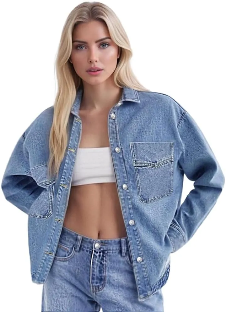 Women's Oversized Denim Jacket Casual Long Sleeve Denim Shirts Distresse Jean Jacket 2025 Spring Outfits