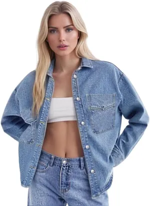 Women's Oversized Denim Jacket Casual Long Sleeve Denim Shirts Distresse Jean Jacket 2025 Spring Outfits