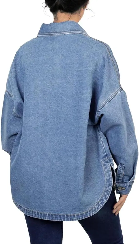 Women's Oversized Denim Jacket Casual Long Sleeve Denim Shirts Distresse Jean Jacket 2025 Spring Outfits