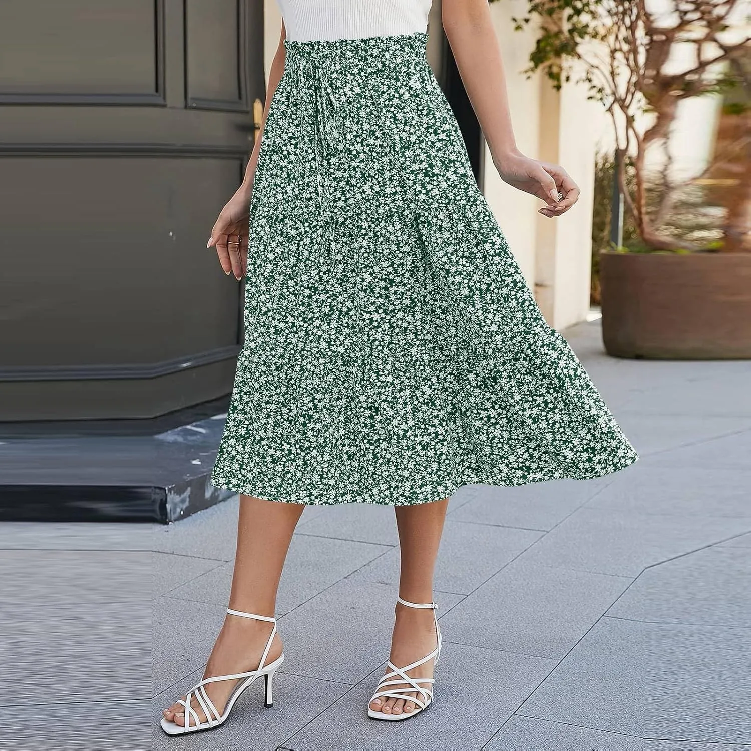 Women's Pleated Skirts Summer Casual Loose Trendy Elastic Waist Floral Print Bohemian Sun A-Line Maxi Skirt, S-XL