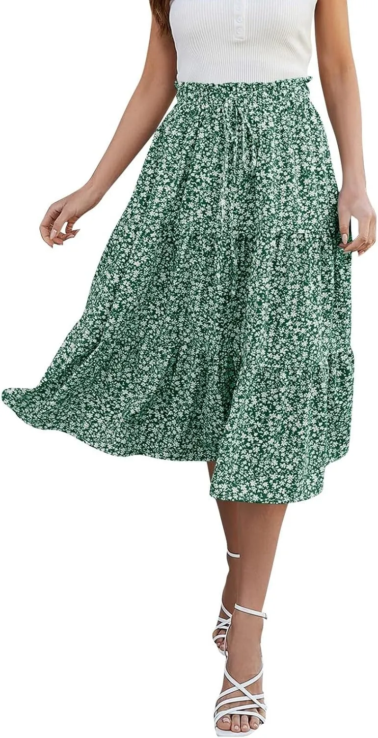 Women's Pleated Skirts Summer Casual Loose Trendy Elastic Waist Floral Print Bohemian Sun A-Line Maxi Skirt, S-XL