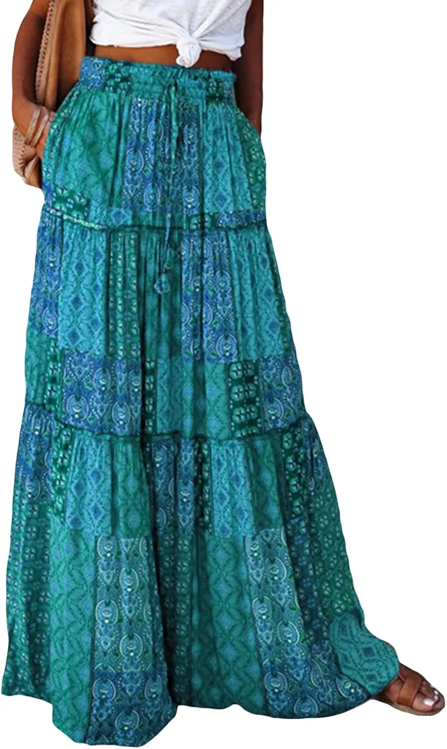Women's Summer Beach Bohemian Long Skirt Floral Printed Maxi Skirt Vintage Stretch High Waist Halter Skirt