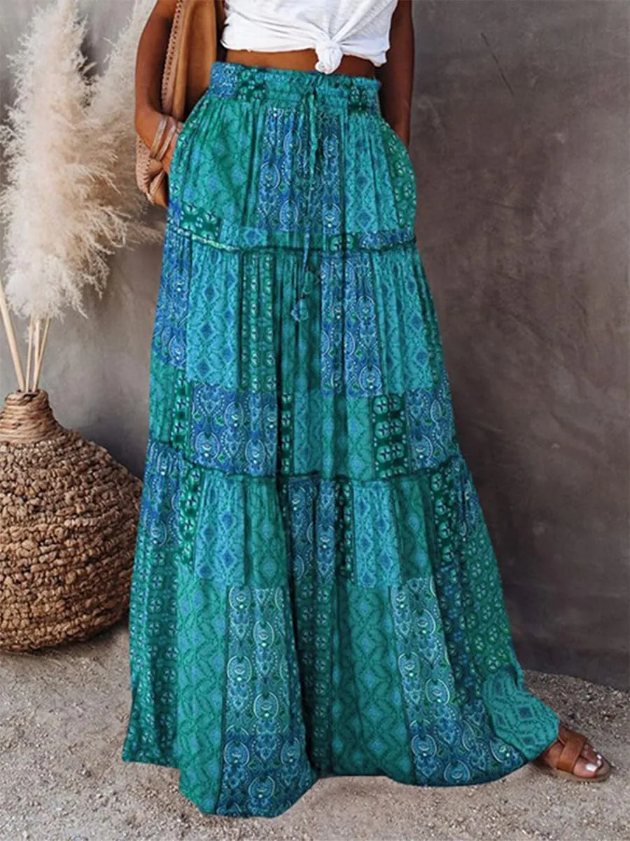 Women's Summer Beach Bohemian Long Skirt Floral Printed Maxi Skirt Vintage Stretch High Waist Halter Skirt