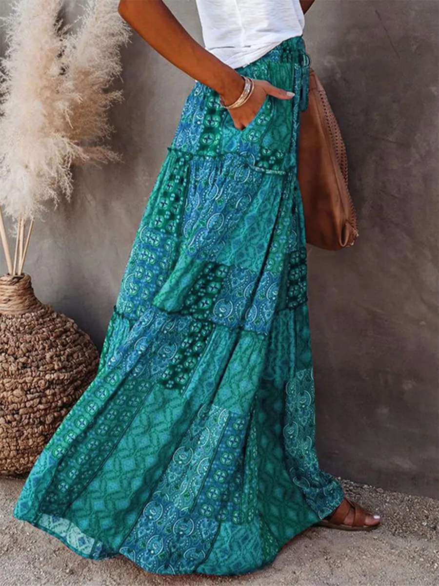Women's Summer Beach Bohemian Long Skirt Floral Printed Maxi Skirt Vintage Stretch High Waist Halter Skirt
