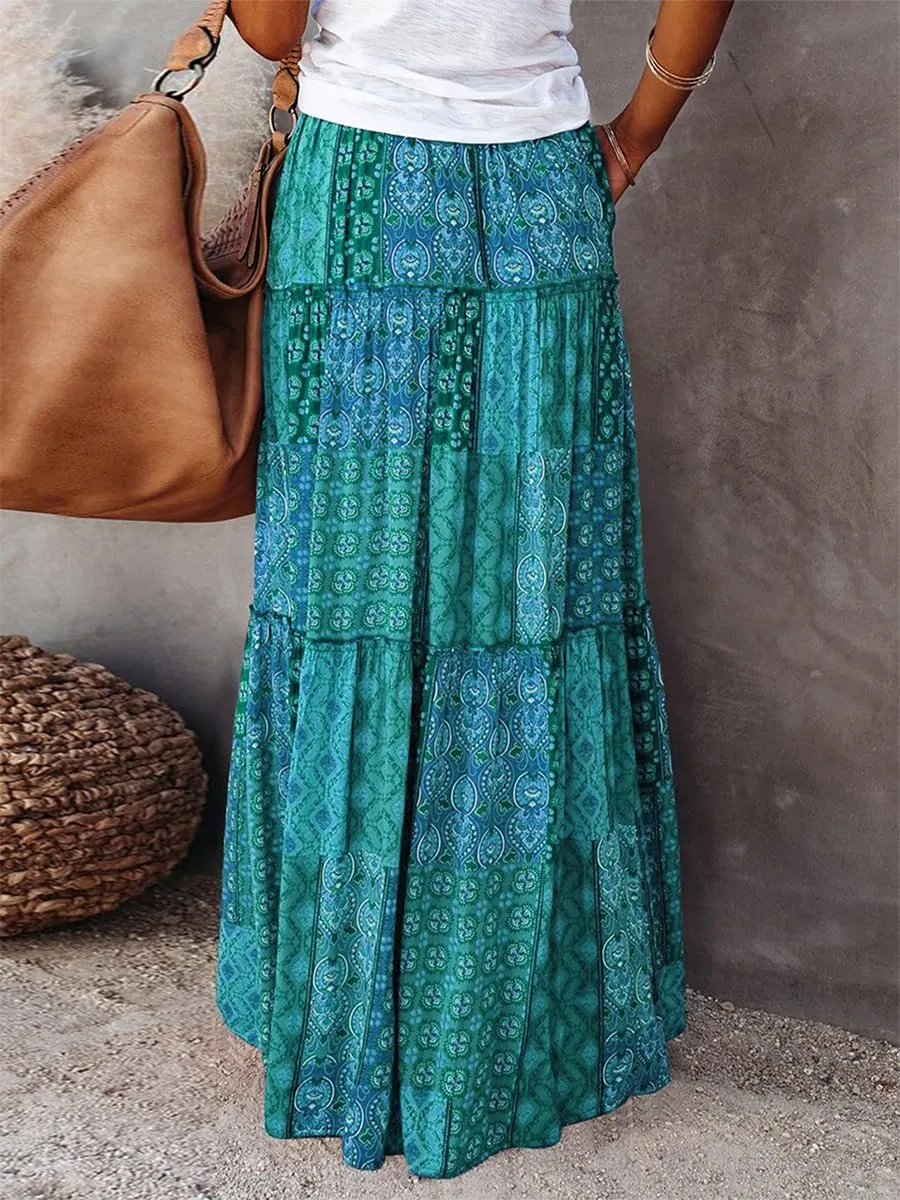 Women's Summer Beach Bohemian Long Skirt Floral Printed Maxi Skirt Vintage Stretch High Waist Halter Skirt