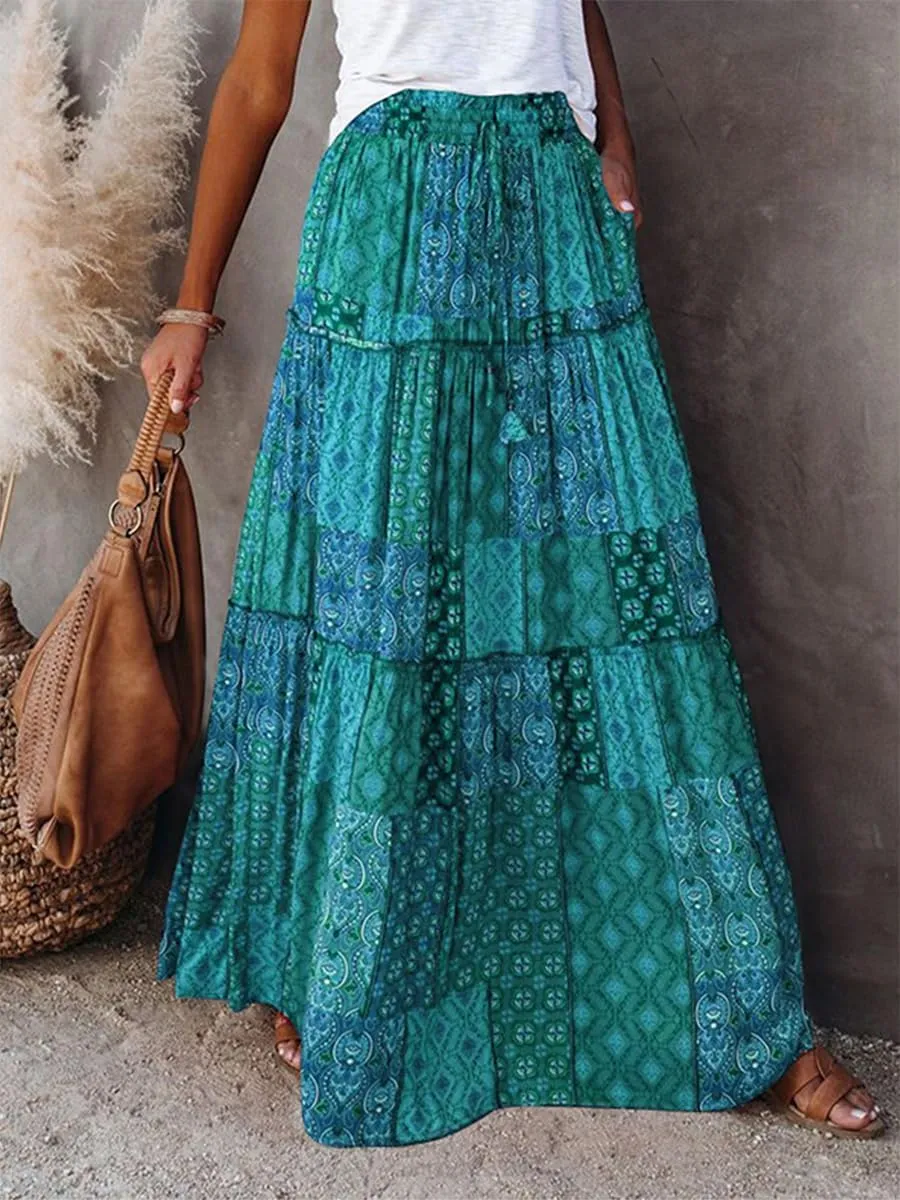 Women's Summer Beach Bohemian Long Skirt Floral Printed Maxi Skirt Vintage Stretch High Waist Halter Skirt