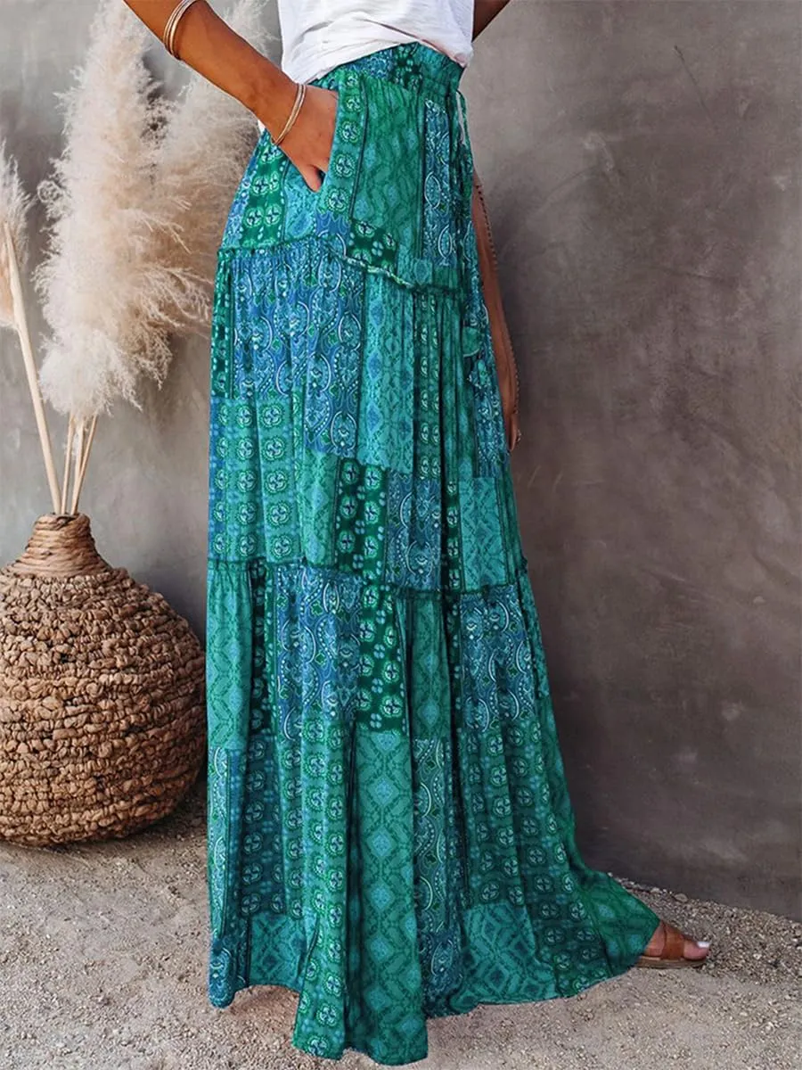 Women's Summer Beach Bohemian Long Skirt Floral Printed Maxi Skirt Vintage Stretch High Waist Halter Skirt