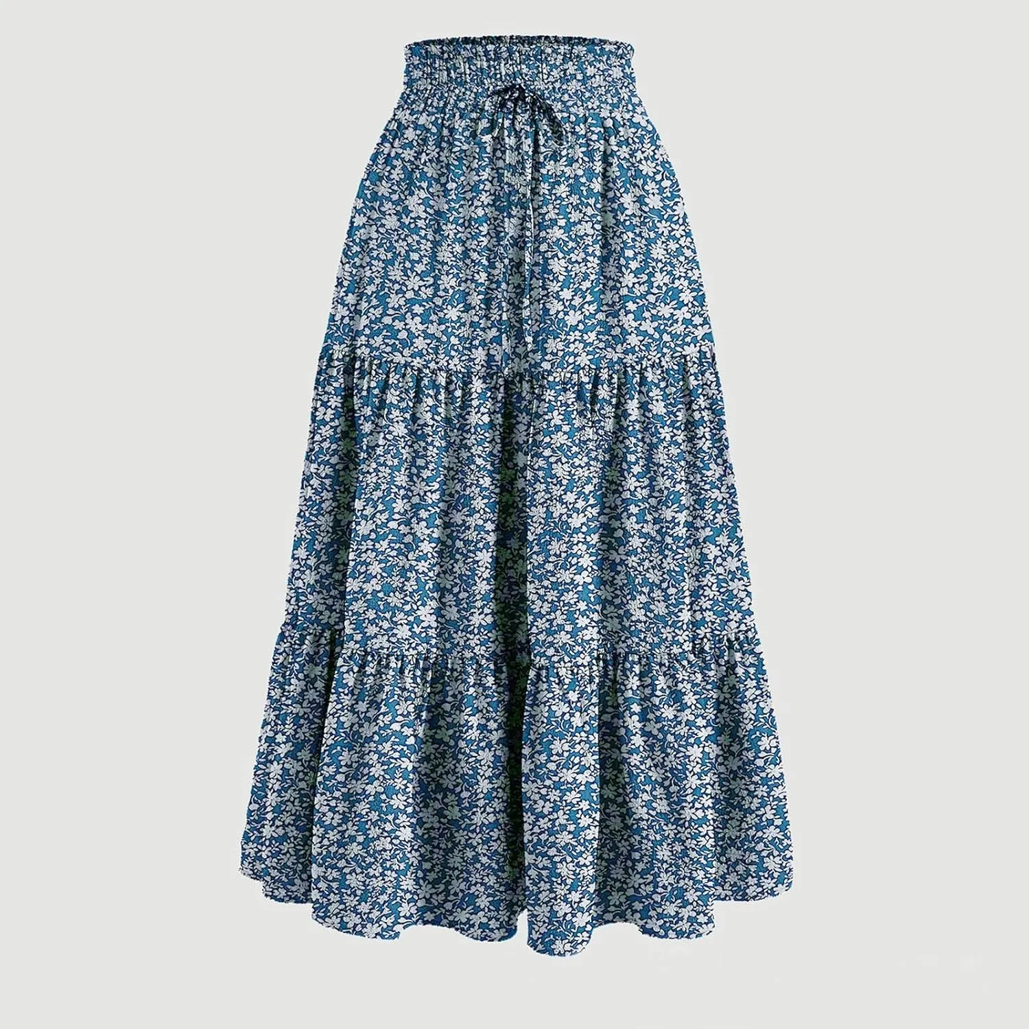 Women's Summer Bohemian Print A-Line Maxi Skirt Elastic Waist High Waist Beach Outfits Casual Tiered Long Skirt