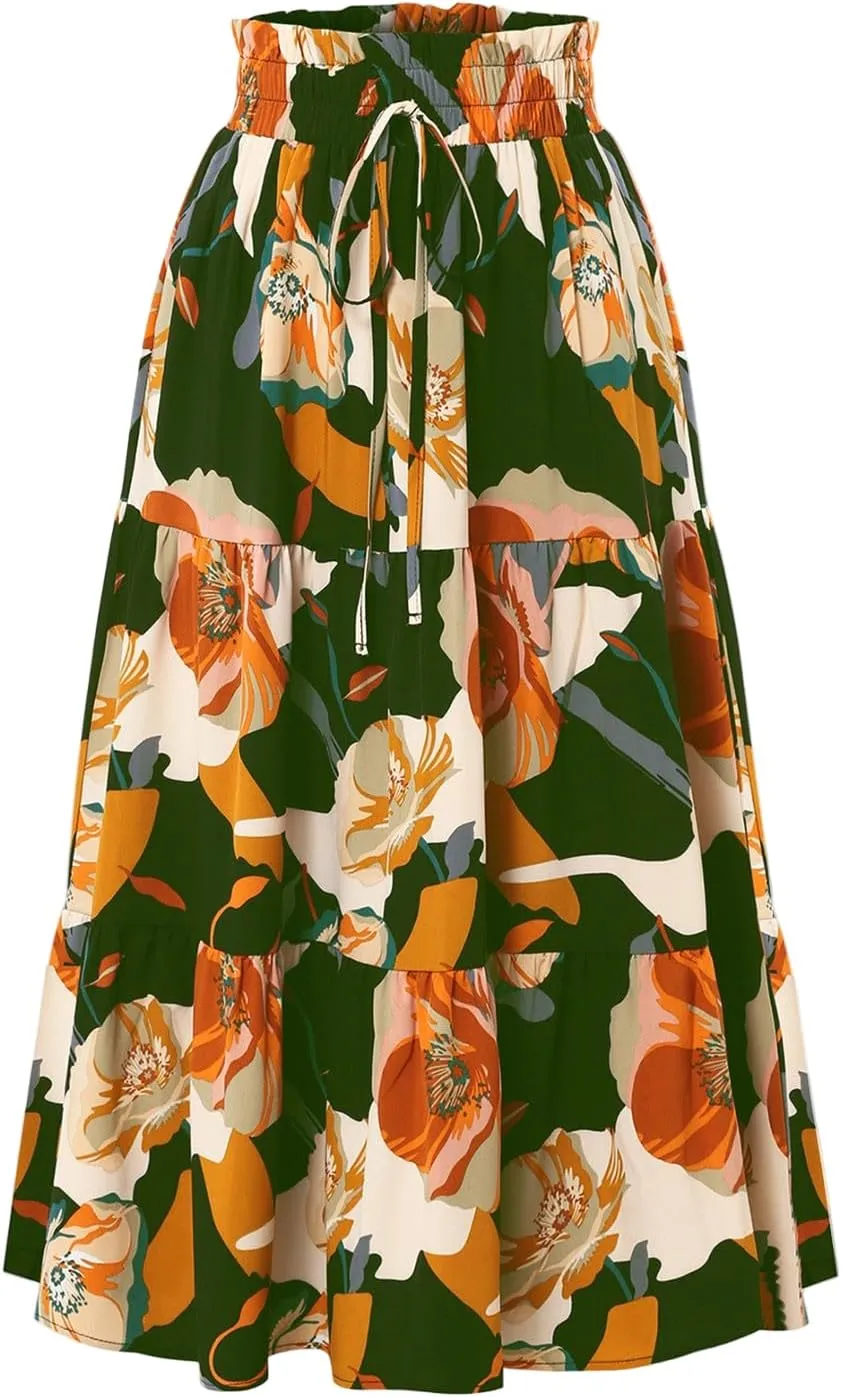 Women's Summer Bohemian Print A-Line Maxi Skirt Elastic Waist High Waist Beach Outfits Casual Tiered Long Skirt
