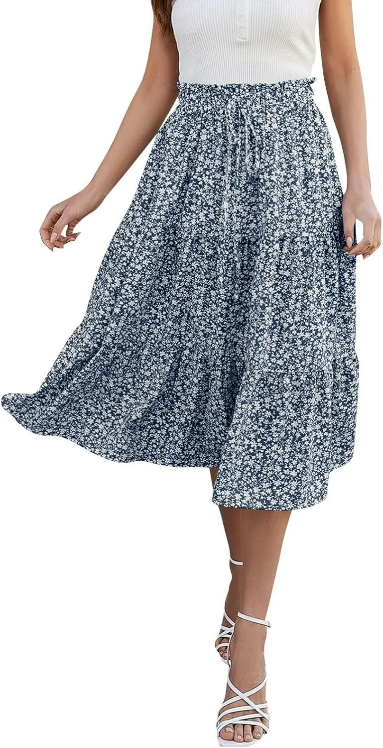 Women's Summer Bohemian Print A-Line Maxi Skirt Elastic Waist High Waist Beach Outfits Casual Tiered Long Skirt